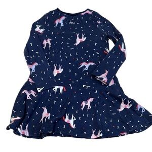 Joules Girls Navy Unicorn Print Long Sleeve Drop Waist Whimsical Shift Dress- 5T